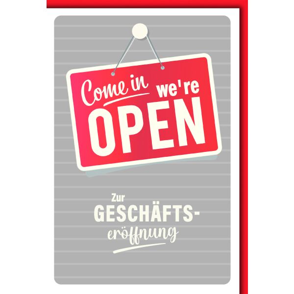 Geschäftseröffnung Glückwunschkarte mit Umschlag OPEN-Schild rot Come in we`re open