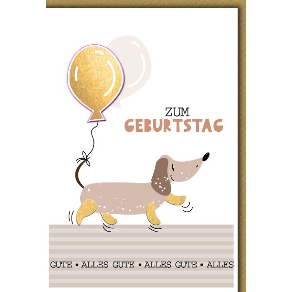 Geburtstag Glückwunschkarte mit Umschlag Dackel mit Luftballon gold Zum Geburtstag alles Gute