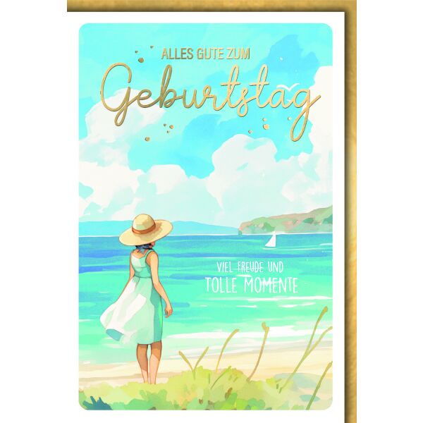 Geburtstag Glückwunschkarte mit Umschlag Mädchen am See oder Meer Zeichnung viel Freude und tolle Momente