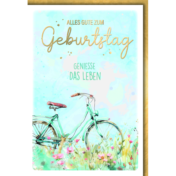 Geburtstag Glückwunschkarte mit Umschlag Fahrrad in Blumenwiese geniesse das Leben