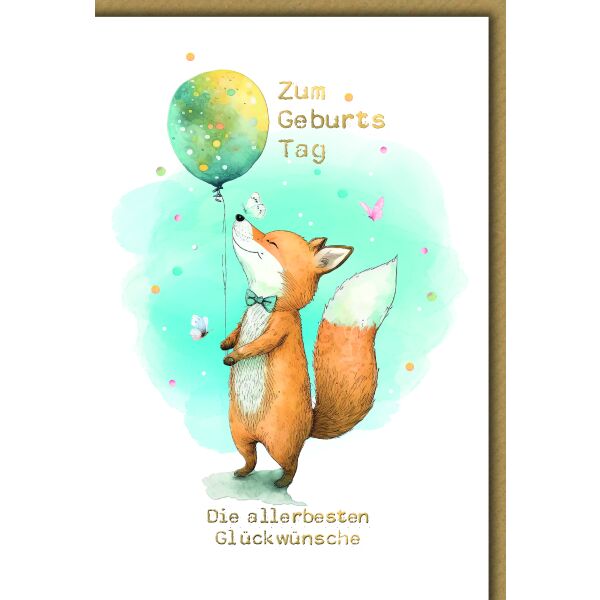 Geburtstag Glückwunschkarte mit Umschlag Fuchs mit Ballon die allerbesten Glückwünsche