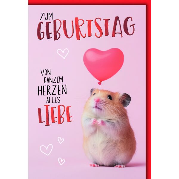 Geburtstag Glückwunschkarte mit Umschlag Hamster mit Herzluftballon von ganzem Herzen alles Liebe