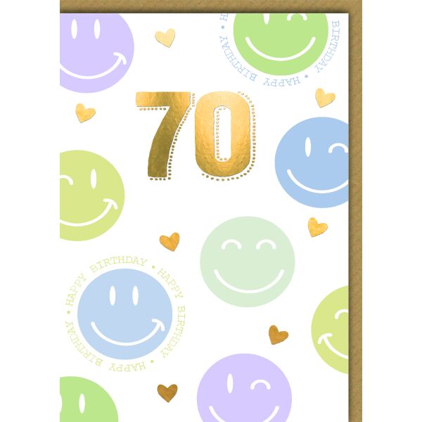 70. Geburtstag Glückwunschkarte mit Umschlag Pastellsmileys goldene Zahl Happy Birthday