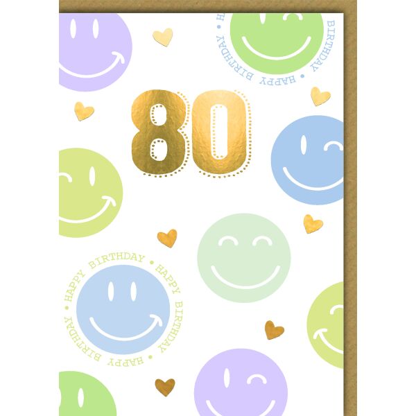 80. Geburtstag Glückwunschkarte mit Umschlag Pastellsmileys goldene Zahl Happy Birthday