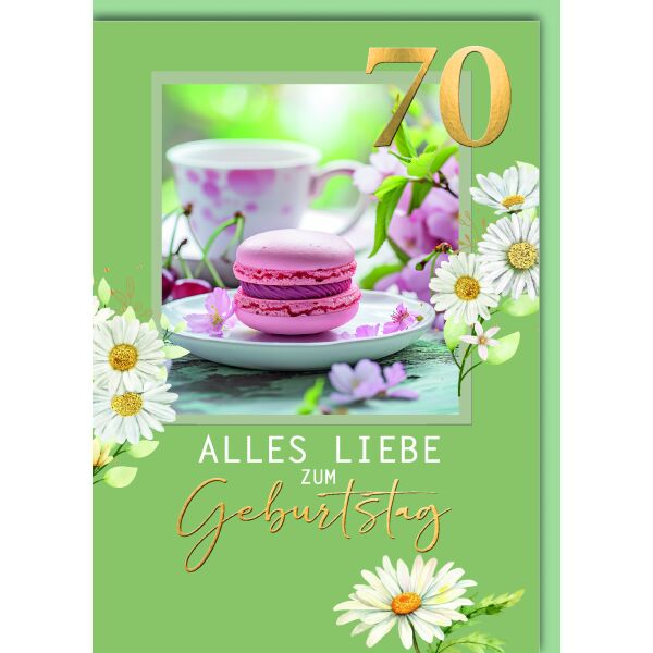 70. Geburtstag Glückwunschkarte mit Umschlag rosa Macaron Kaffee Blumen Alles Liebe zum 70. Geburtstag