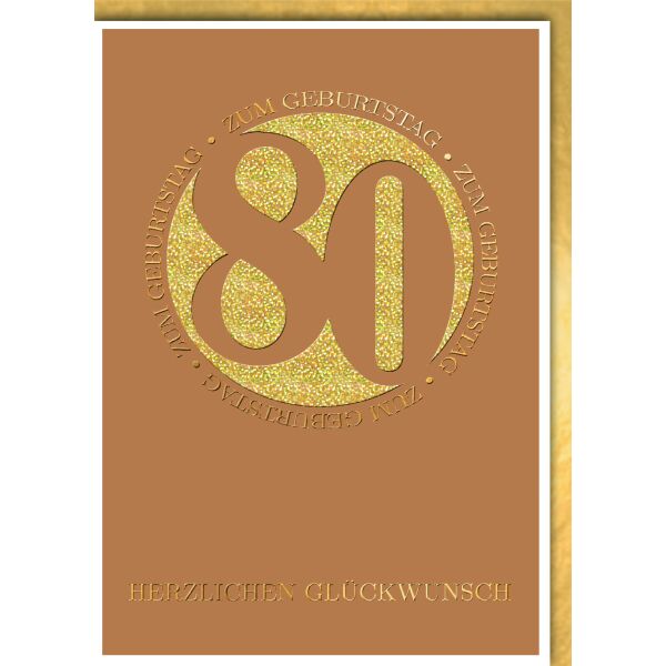 80. Geburtstag Glückwunschkarte mit Umschlag Ocker Kreis goldende 80 Herzlichen Glückwunsch
