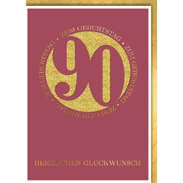 90. Geburtstag Glückwunschkarte mit Umschlag Ziegelrot Kreis goldende 90 Herzlichen Glückwunsch