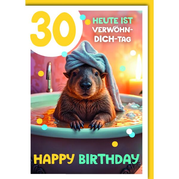 30. Geburtstag Glückwunschkarte mit Umschlag Wombats Handtuch auf dem Kopf Happy Birthday Verwöhntag
