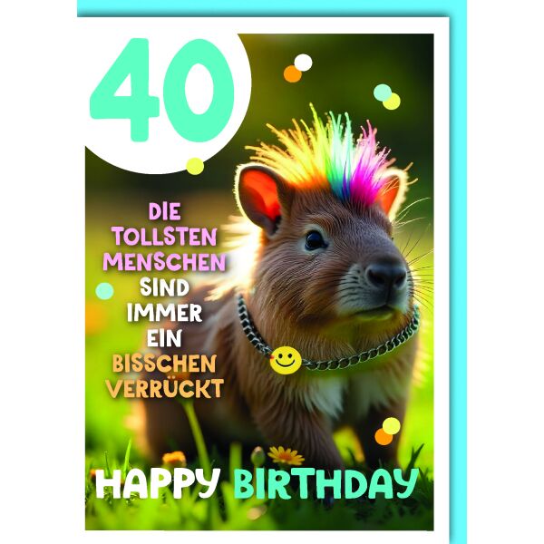 40. Geburtstag Glückwunschkarte mit Umschlag Wombats mit Regenbogen Irokesen Happy Birthday bisschen verrückt