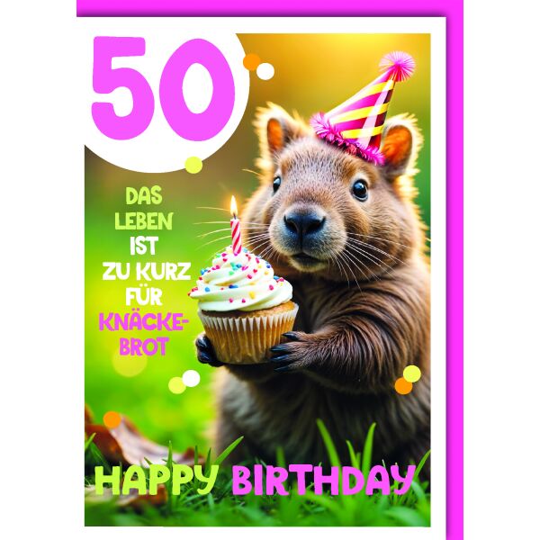 50. Geburtstag Glückwunschkarte mit Umschlag Wombats mit Muffin und Partyhut Happy Birthday Leben zu kurz