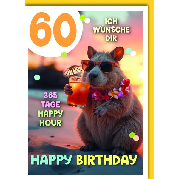 60. Geburtstag Glückwunschkarte mit Umschlag Wombats am Strand Happy Birthday Happy Hour 365 Tage