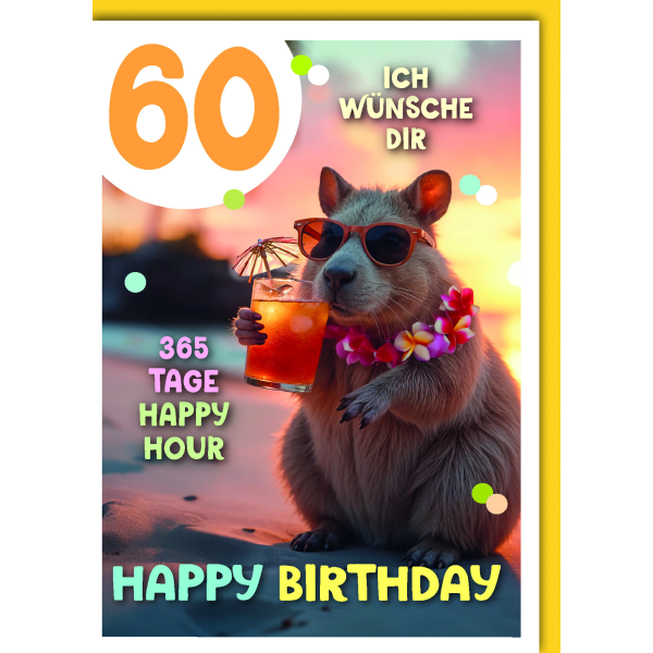 60. Geburtstag Glückwunschkarte mit Umschlag Wombats am Strand Happy Birthday Happy Hour 365 Tage