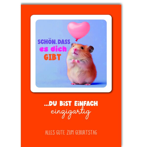 Geburtstag Glückwunschkarte mit Umschlag Bierdeckel Hamster mit Herzluftballon Happy Coaster Schön dass es dich gibt