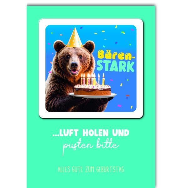 Geburtstag Glückwunschkarte mit Umschlag Bierdeckel Bär mit Geburtstagstorte Happy Coaster Bärenstark
