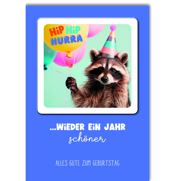 Geburtstag Glückwunschkarte mit Umschlag Bierdeckel Waschbär mit Luftballons Happy Coaster Hip Hip Hurra