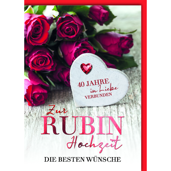 40. Hochzeitstag Rubinhochzeit Glückwunschkarte mit Umschlag weißes Holzherz Rosen 40 Jahre in Liebe verbunden