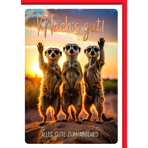 Abschied Grußkarte mit Umschlag 3 Erdmännchen winken Mach`s gut! Alles Gute zum Abschied