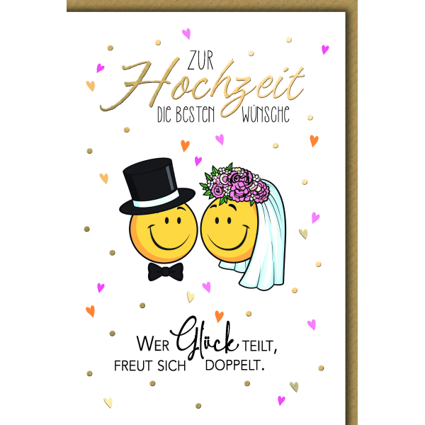 Hochzeitskarte mit Briefumschlag Braut und Bräutigam Smiley Wer Glück teilt freut sich doppelt