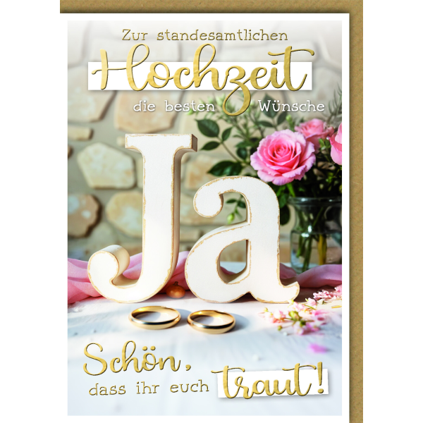 Hochzeitskarte mit Briefumschlag standesamtliche Hochzeit weißes Holz-"Ja" Schön dass Ihr Euch traut