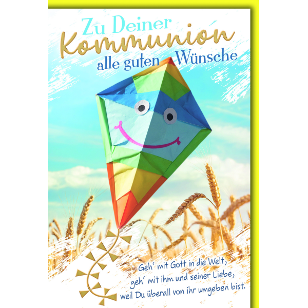 Kommunion Glückwunschkarte mit Umschlag bunter Drachen Geh`mit Gott in die Welt…