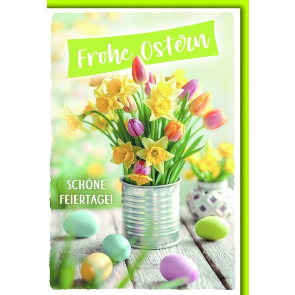 Ostern Grußkarte mit Umschlag Tulpen in Dose Eier Frohe Ostern schöne Feiertage