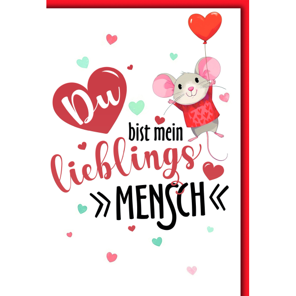 Liebe Grußkarte mit Umschlag Maus am Luftballon Du bist mein Lieblingsmensch Valentinstag Freundschaft