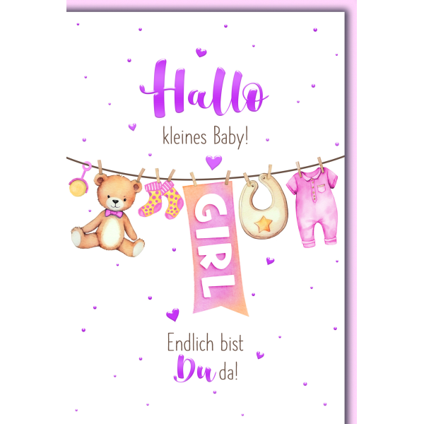 Geburt Baby Mädchen Glückwunschkarte mit Umschlag Wäscheleine rosa GIRL Hallo kleines Baby