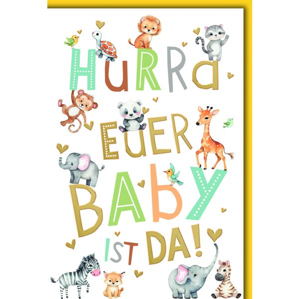 Geburt Baby Glückwunschkarte mit Umschlag lustige Tierbabys Hurra Euer Baby ist da