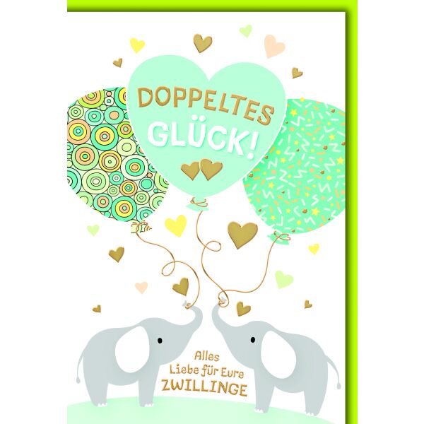 Geburt Zwillinge Glückwunschkarte mit Umschlag  2 Elefanten mit Luftballons Doppeltes Glück alles Liebe für Eure Zwillinge