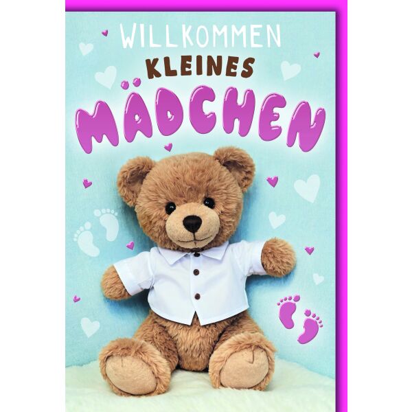 Geburt Baby Mädchen Glückwunschkarte mit Umschlag Teddybär rosa Willkommen kleines MÄDCHEN