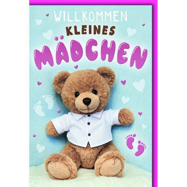 Geburt Baby Mädchen Glückwunschkarte mit Umschlag Teddybär rosa Willkommen kleines MÄDCHEN
