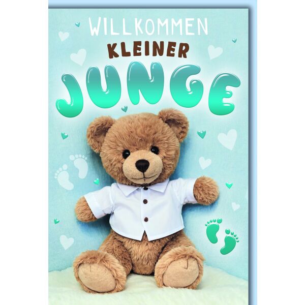 Geburt Baby Junge Glückwunschkarte mit Umschlag Teddybär hellblau Willkommen kleiner JUNGE