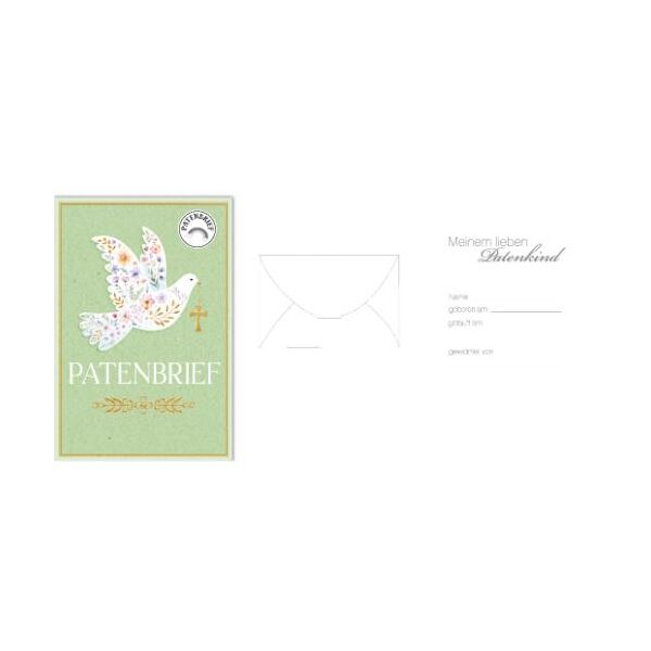 Taufe Patenbrief Glückwunschkarte mit Umschlag Taube mit Blüten und Innentext für Widmung