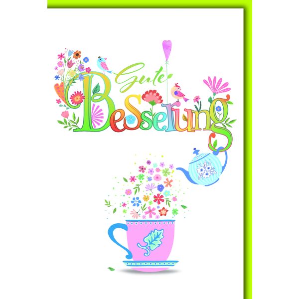 Genesung Gute Besserung Grußkarte mit Umschlag bunte Teetasse Kanne Genesungskarte