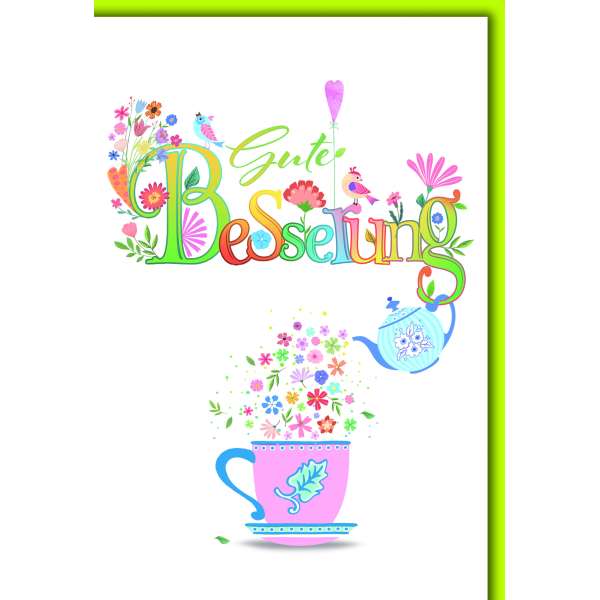 Genesung Gute Besserung Grußkarte mit Umschlag bunte Teetasse Kanne Genesungskarte
