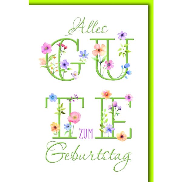Geburtstag Glückwunschkarte mit Umschlag Alles GUTE zum Geburtstag mit Blumen an Buchstaben