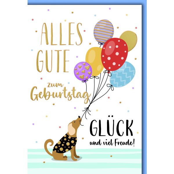 Geburtstag Glückwunschkarte mit Umschlag Hund mit Luftballons Glück und viel Freude