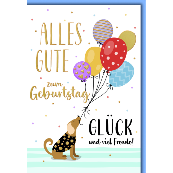 Geburtstag Glückwunschkarte mit Umschlag Hund mit Luftballons Glück und viel Freude