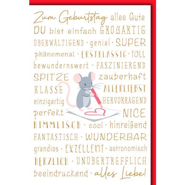 Geburtstag Glückwunschkarte mit Umschlag Brief von Maus mit rotem Herz Du bist einfach großartig genial super….