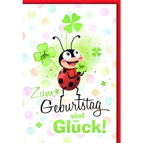 Geburtstag Glückwunschkarte mit Umschlag Marienkäfer Kleeblätter Zum Geburtstag viel Glück