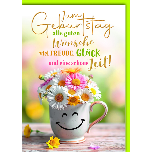Geburtstag Glückwunschkarte mit Umschlag Tasse mit weißen rosa Margeriten guet Wünsche Freude Glück