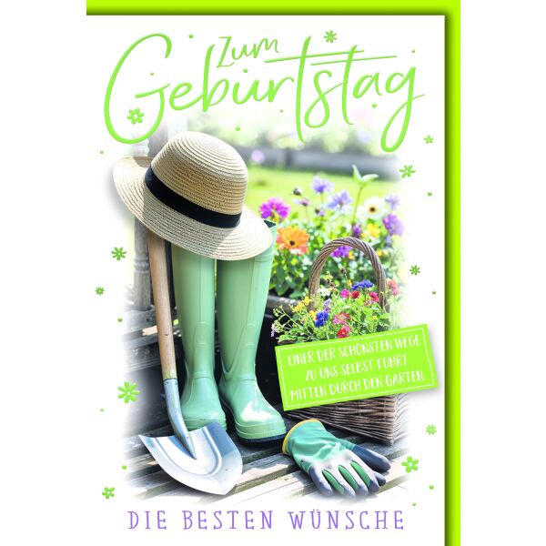 Geburtstag Glückwunschkarte mit Umschlag Gärtnerhut Gummistiefel Hobby Einer der schönsten Wege… durch den Garten
