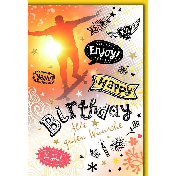 Kindergeburtstag Teenager Glückwunschkarte mit Umschlag Skateboarder Enjoy Yeah Happy