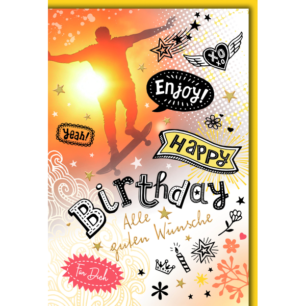 Kindergeburtstag Teenager Glückwunschkarte mit Umschlag Skateboarder Enjoy Yeah Happy