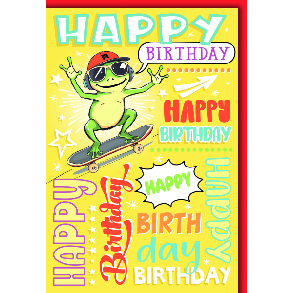 Kindergeburtstag Teenager Glückwunschkarte mit Umschlag Frosch auf Skateboard Happy Birthday