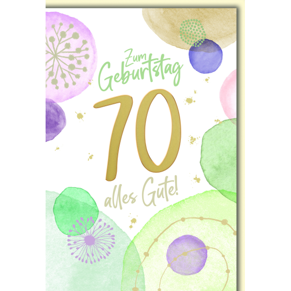 70. Geburtstag Glückwunschkarte mit Umschlag Wasserfarben bunte Kreise alles Gute