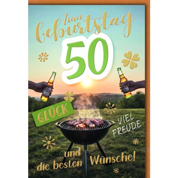 50. Geburtstag Glückwunschkarte mit Umschlag Grill Bier Glück Freude Wünsche