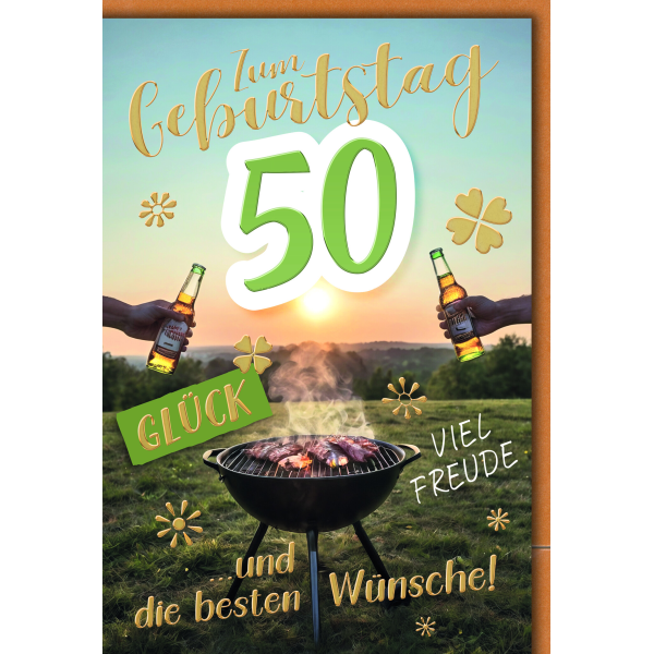 50. Geburtstag Glückwunschkarte mit Umschlag Grill Bier Glück Freude Wünsche