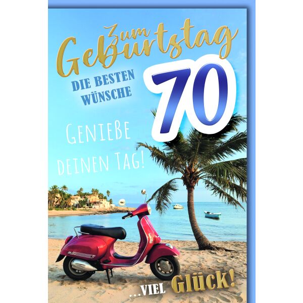 70. Geburtstag Glückwunschkarte mit Umschlag roter Roller am Strand Genieße Deinen Tag