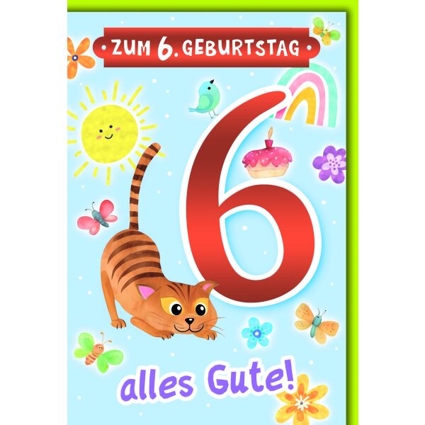 6. Geburtstag Glückwunschkarte mit Umschlag getigerte Katze Zum 6. Geburtstag alles Gute